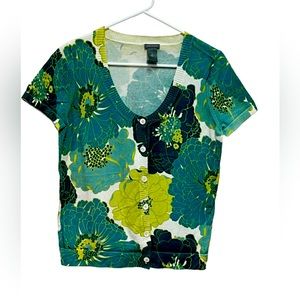 Ann Taylor short sleeve fitted cardigan floral teal/green/cream button front M